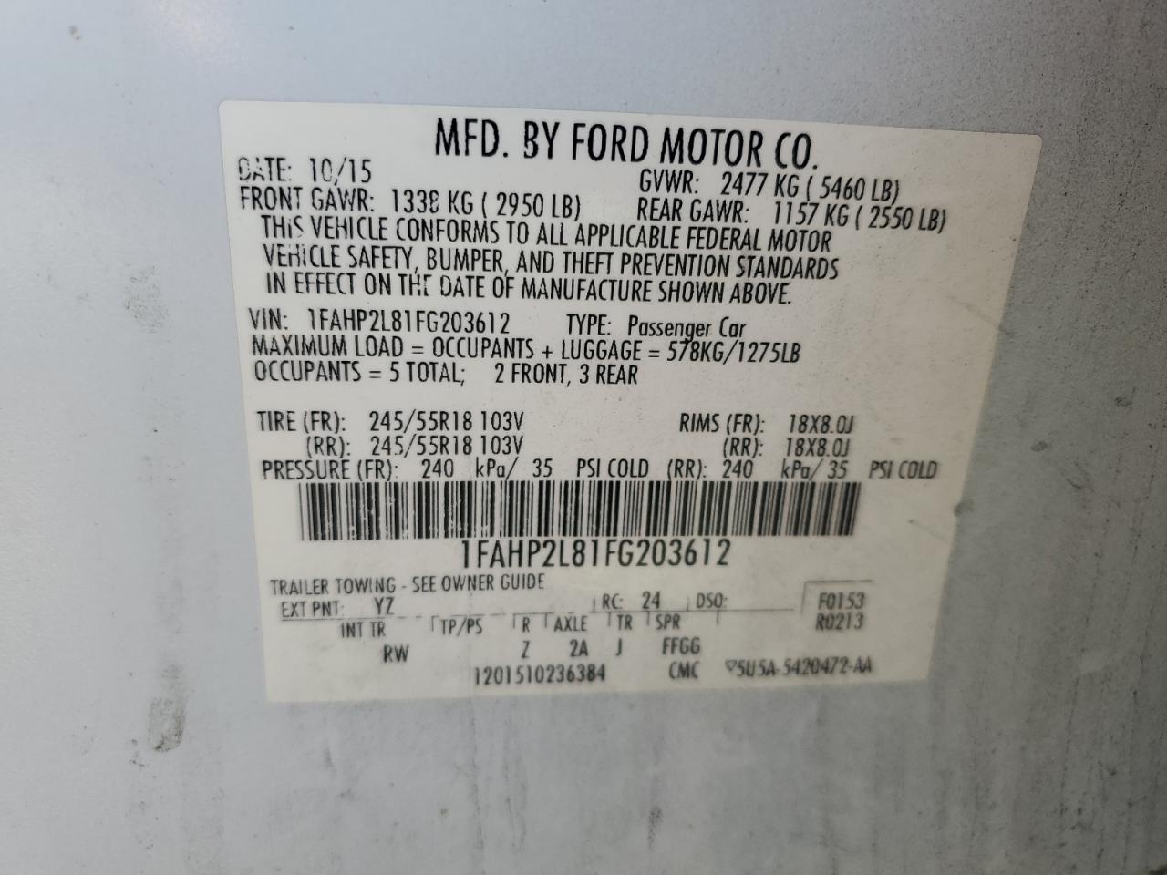 2015 Ford Taurus Police Interceptor VIN: 1FAHP2L81FG203612 Lot: 84480215