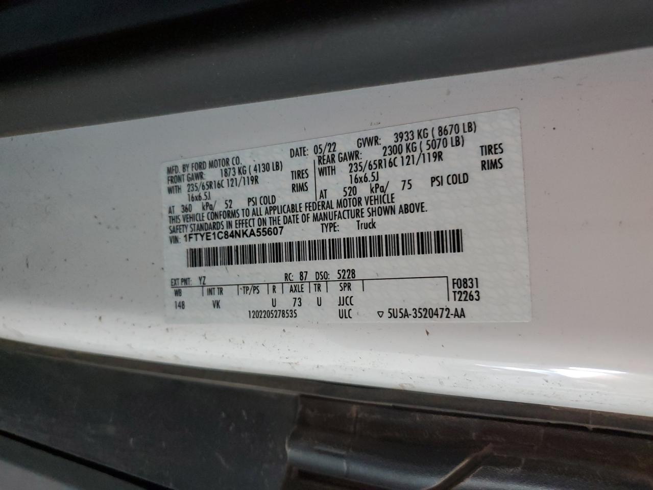 2022 Ford Transit T-150 VIN: 1FTYE1C84NKA55607 Lot: 89736525