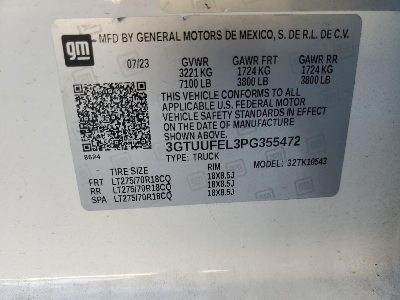 2023 GMC Sierra K1500 At4X VIN: 3GTUUFEL3PG355472 Lot: 86301275