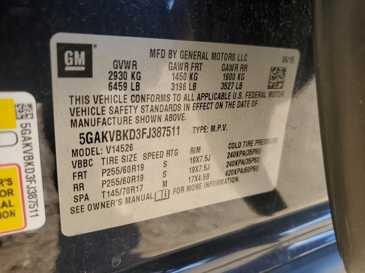 2015 Buick Enclave VIN: 5GAKVBKD3FJ387511 Lot: 86516685