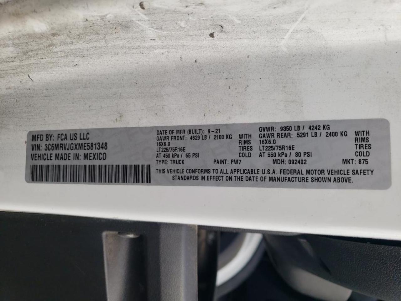 2021 Ram Promaster 3500 Delivery Van VIN: 3C6MRVJGXME581348 Lot: 81036195