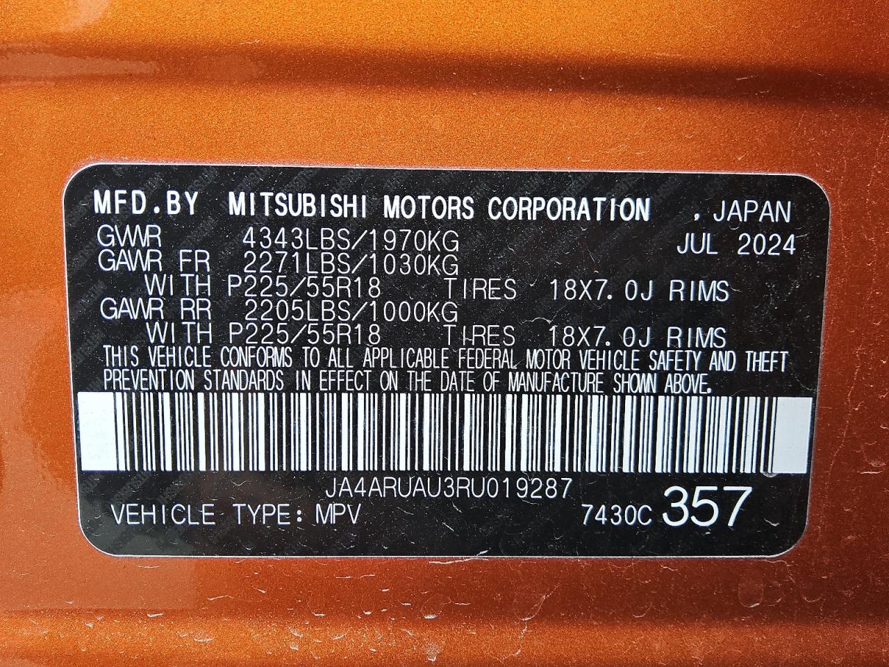 2024 Mitsubishi Outlander Sport S/Se VIN: JA4ARUAU3RU019287 Lot: 86804405