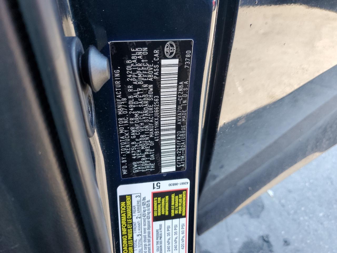 2018 Toyota Camry L VIN: 4T1B11HKXJU662563 Lot: 86208375