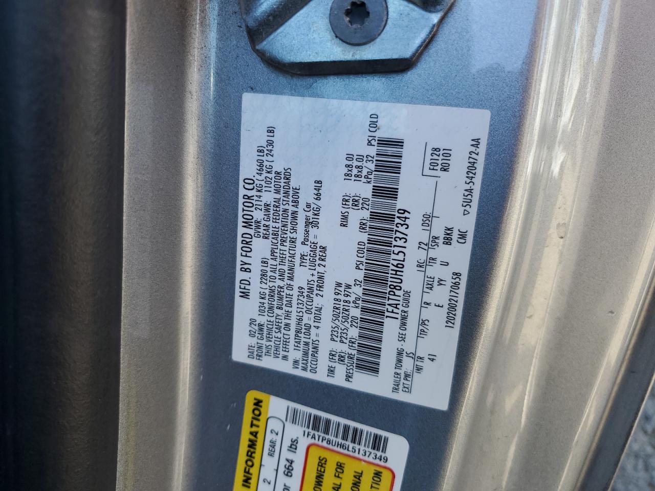 2020 Ford Mustang VIN: 1FATP8UH6L5137349 Lot: 90650805