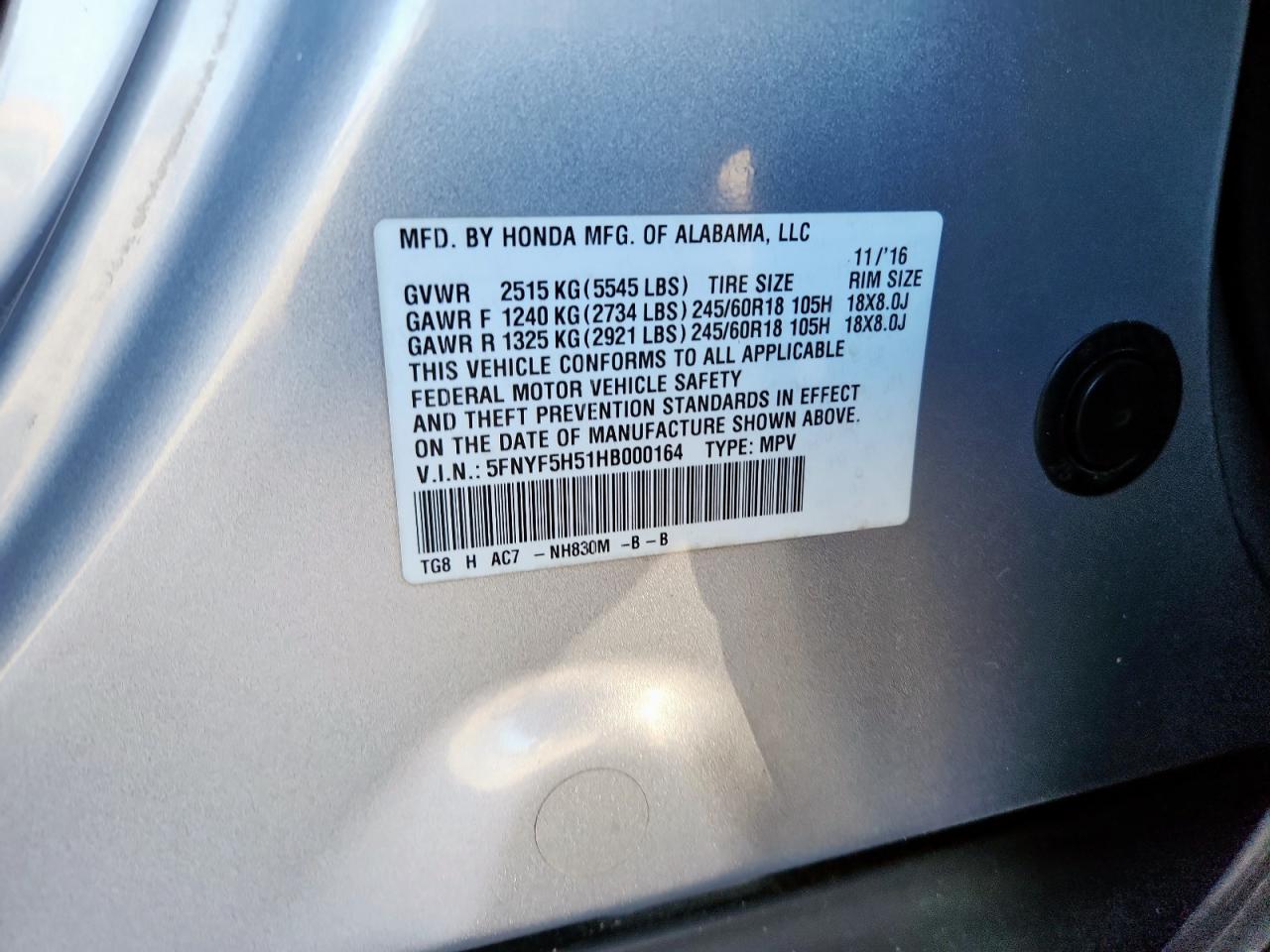 2017 Honda Pilot Exl VIN: 5FNYF5H51HB000164 Lot: 82244915