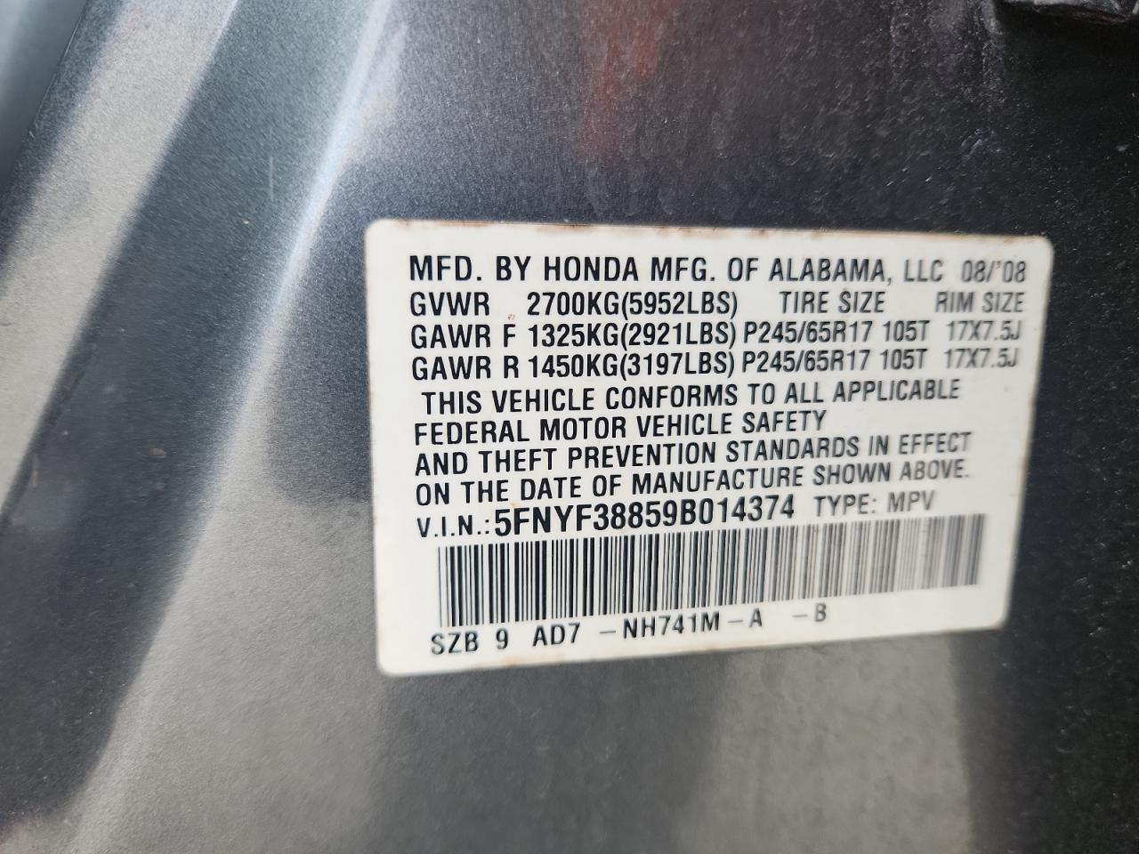 2009 Honda Pilot Touring VIN: 5FNYF38859B014374 Lot: 90696615