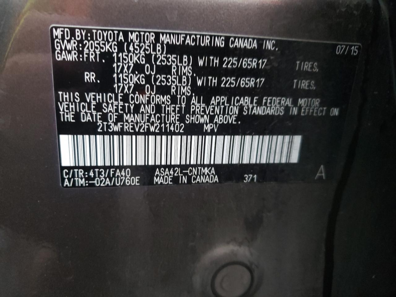 2015 Toyota Rav4 Xle VIN: 2T3WFREV2FW211402 Lot: 82429725