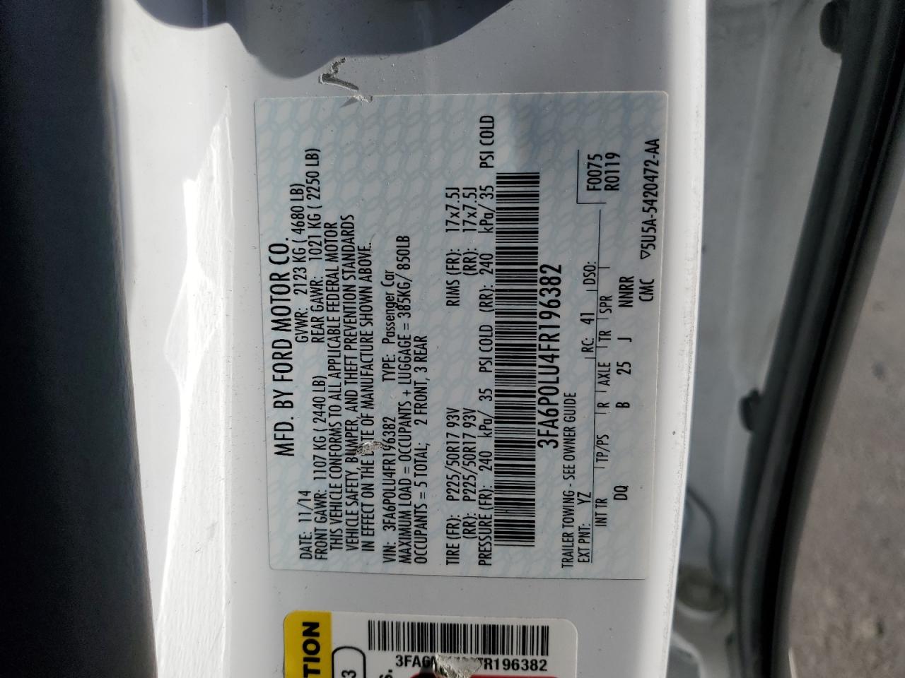 2015 Ford Fusion Se Hybrid VIN: 3FA6P0LU4FR196382 Lot: 86660965