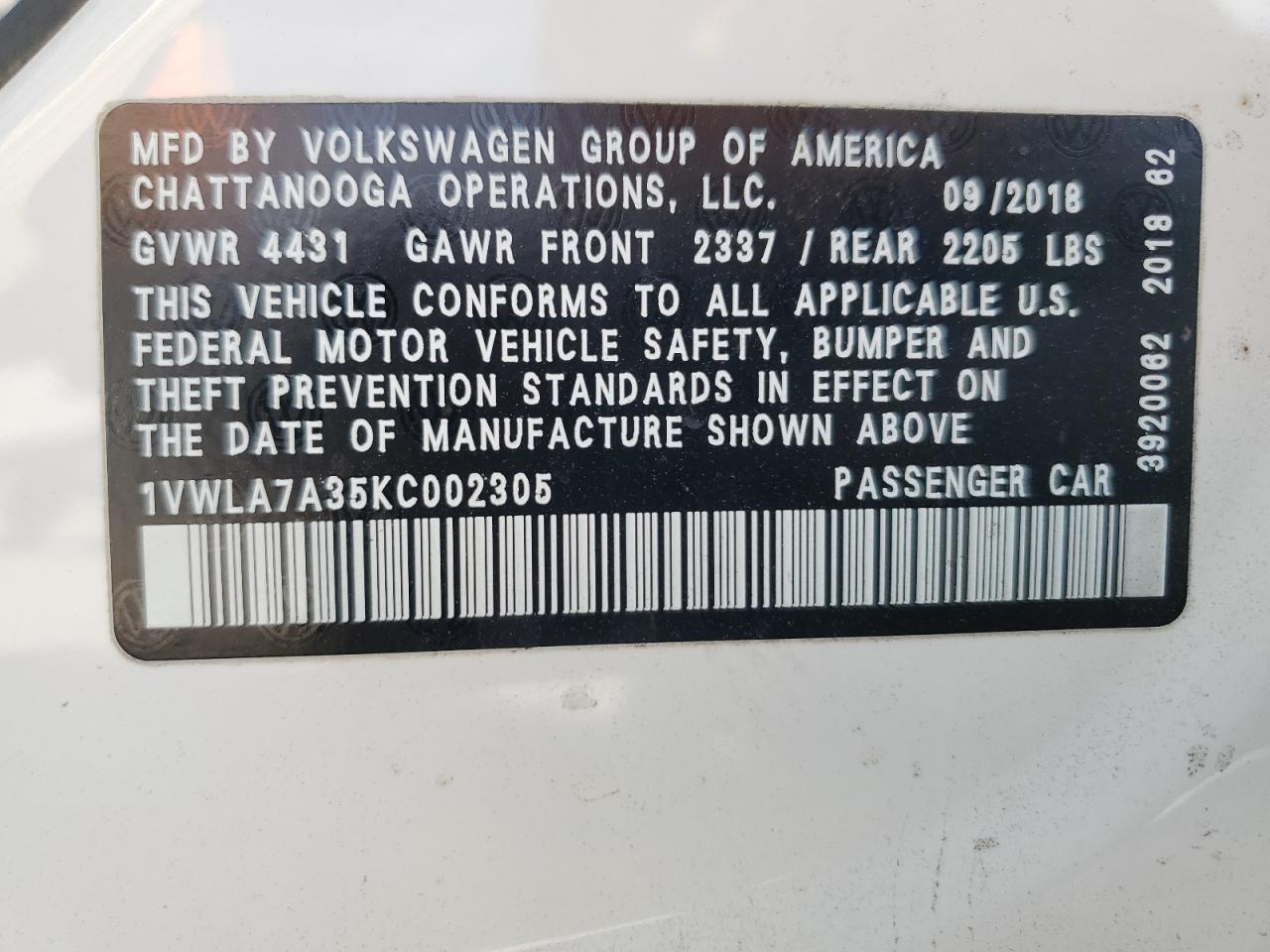 2019 Volkswagen Passat Wolfsburg VIN: 1VWLA7A35KC002305 Lot: 87032085