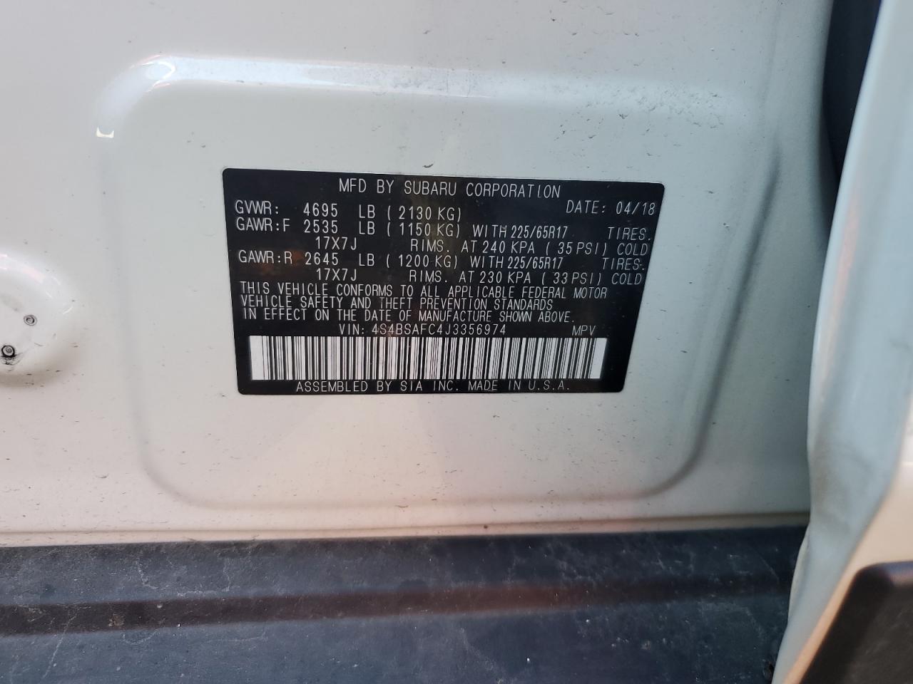 2018 Subaru Outback 2.5I Premium VIN: 4S4BSAFC4J3356974 Lot: 82263705