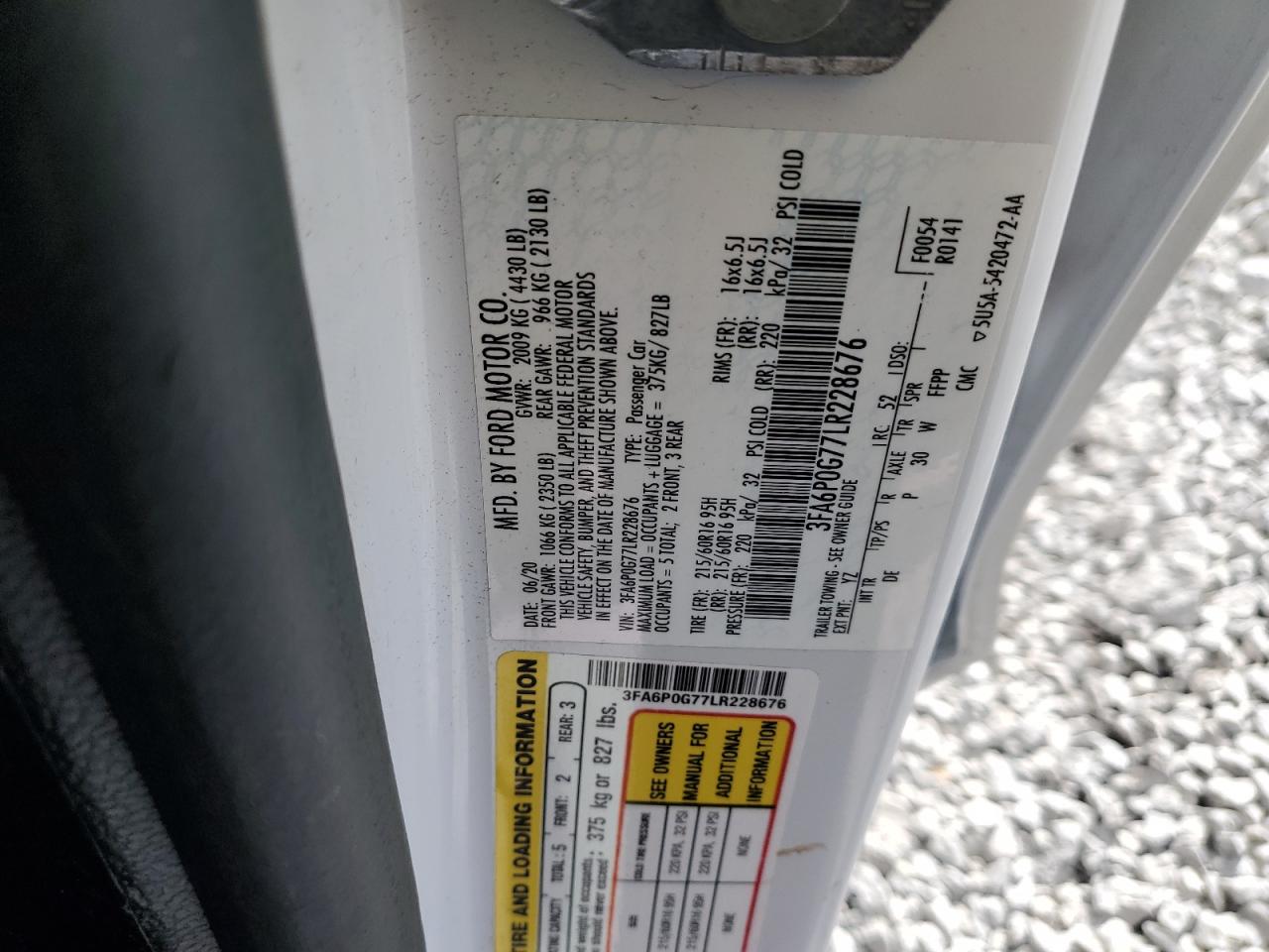 2020 Ford Fusion S VIN: 3FA6P0G77LR228676 Lot: 82719645