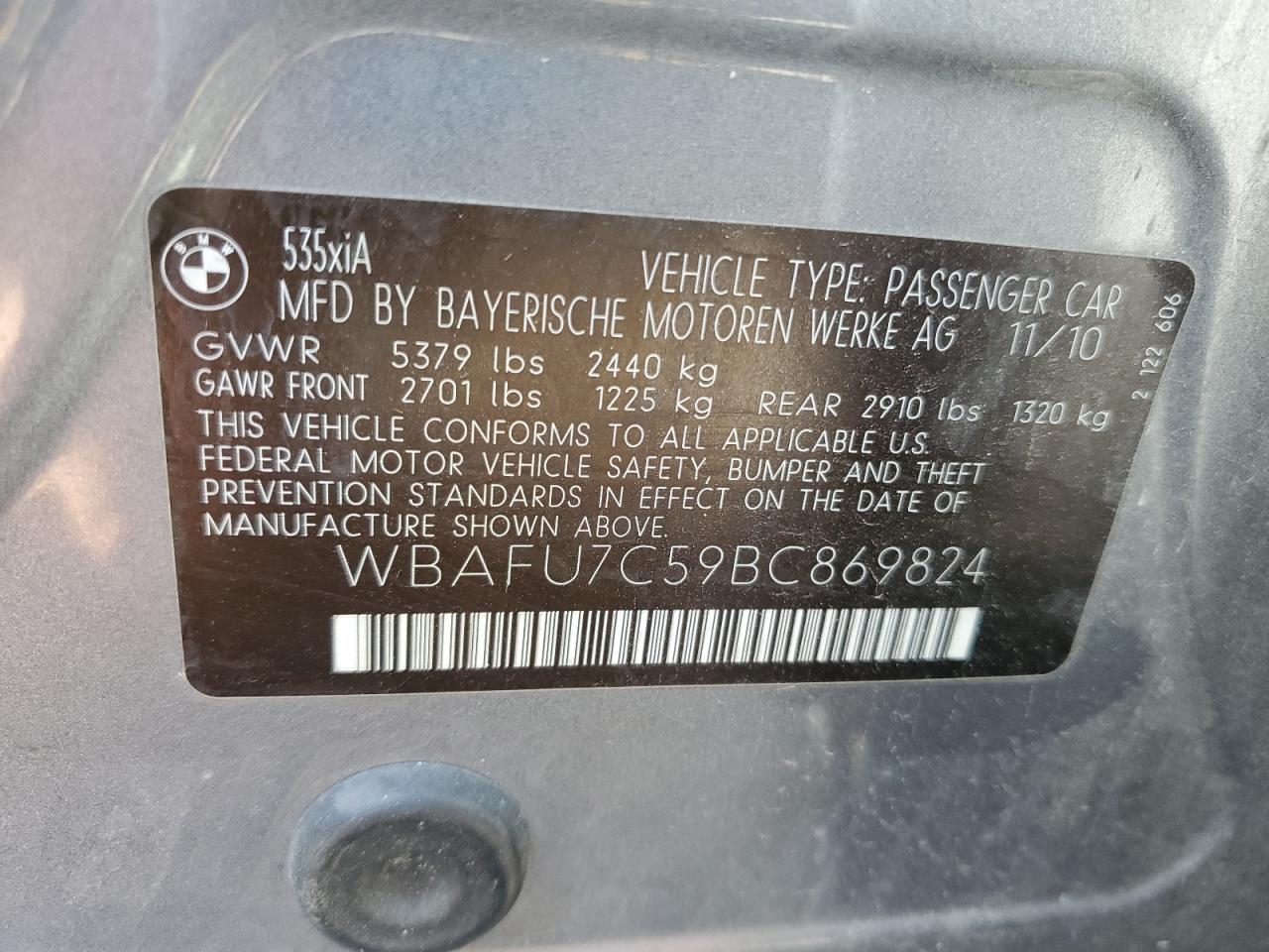 2011 BMW 535 Xi VIN: WBAFU7C59BC869824 Lot: 84404765