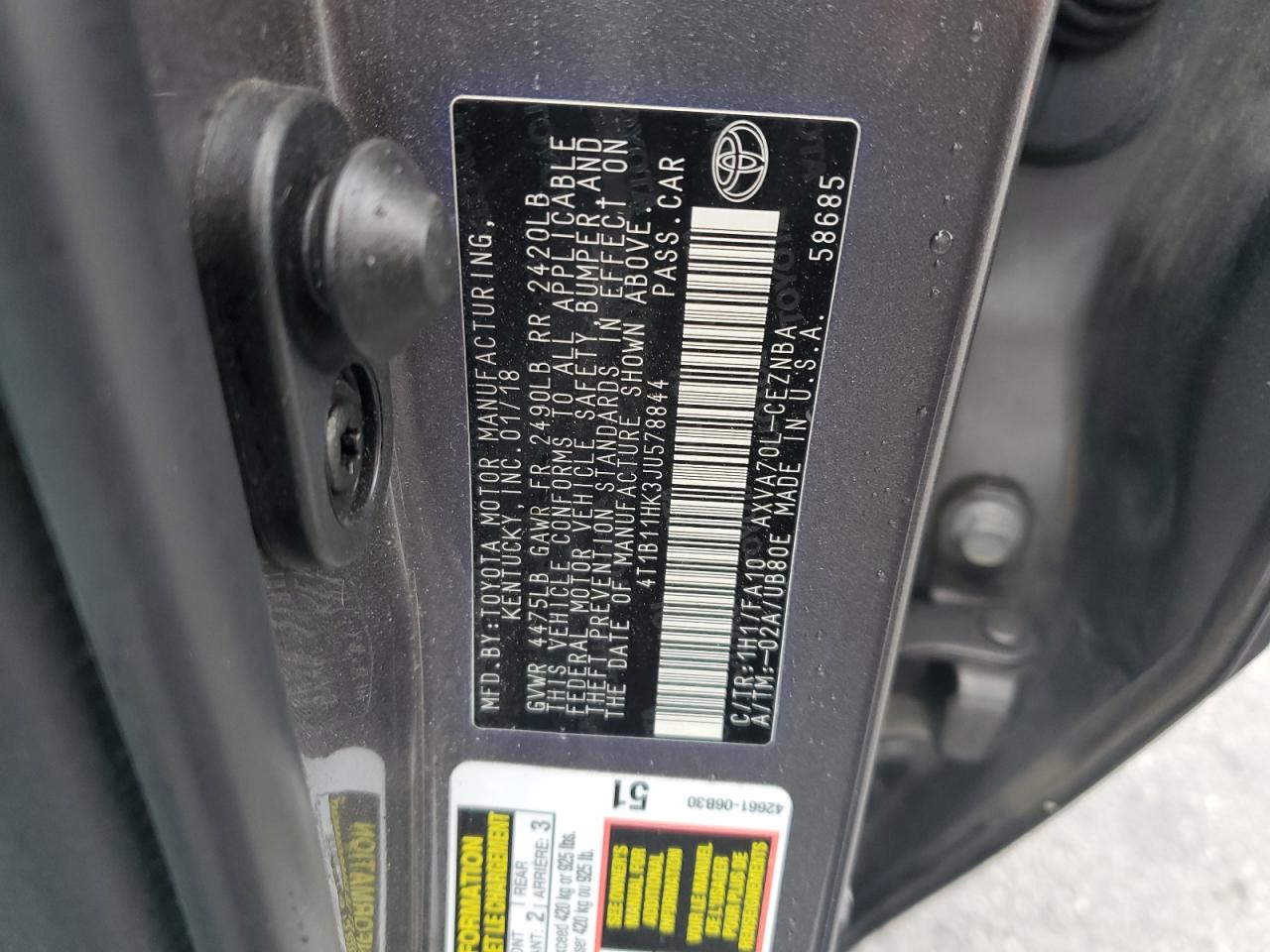 2018 Toyota Camry L VIN: 4T1B11HK3JU578844 Lot: 81747565