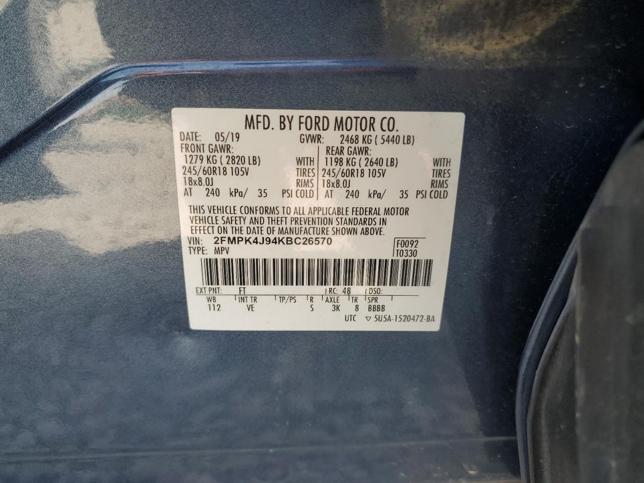 2019 Ford Edge Sel VIN: 2FMPK4J94KBC26570 Lot: 85160525