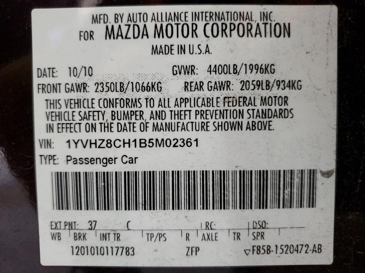 2011 Mazda 6 I VIN: 1YVHZ8CH1B5M02361 Lot: 85478125