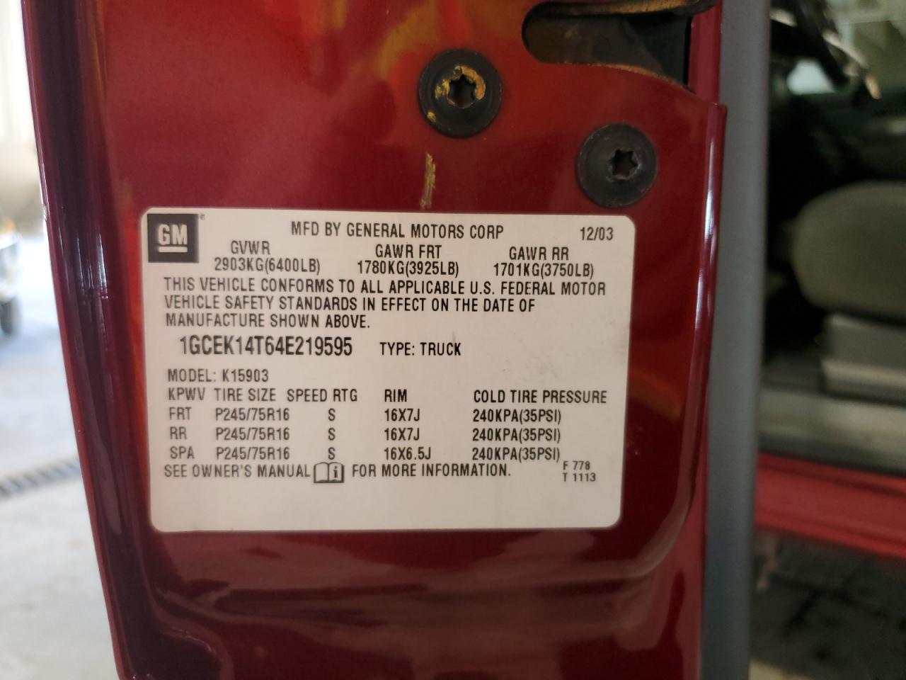 2004 Chevrolet Silverado K1500 VIN: 1GCEK14T64E219595 Lot: 85551795