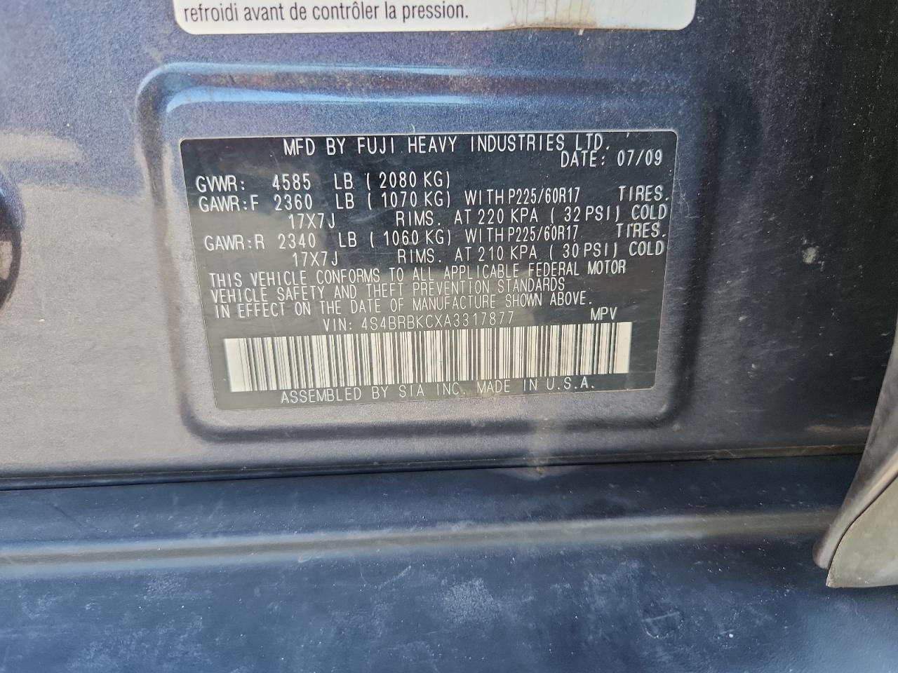 2010 Subaru Outback 2.5I Limited VIN: 4S4BRBKCXA3317877 Lot: 86257065