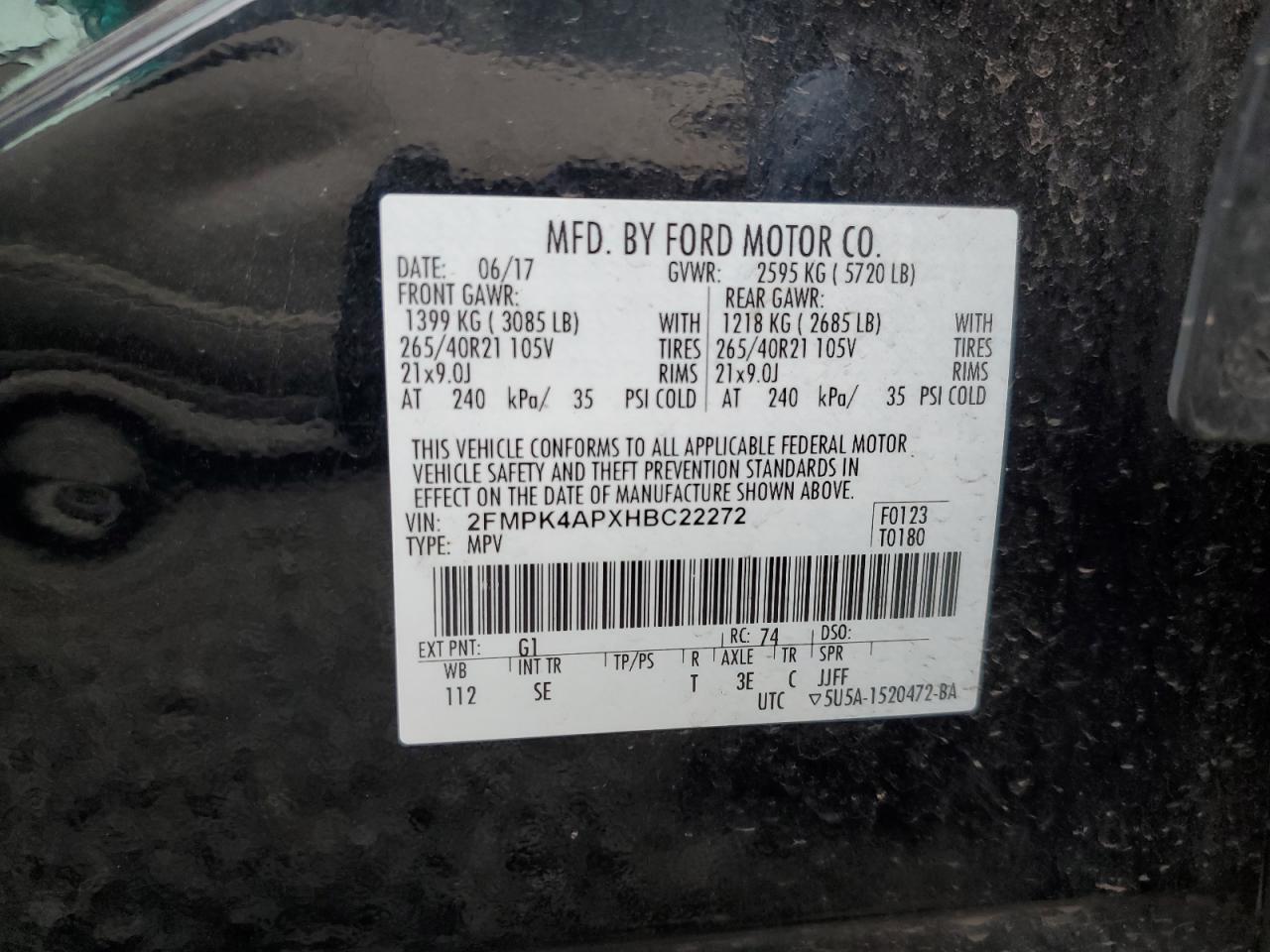 2017 Ford Edge Sport VIN: 2FMPK4APXHBC22272 Lot: 85903655