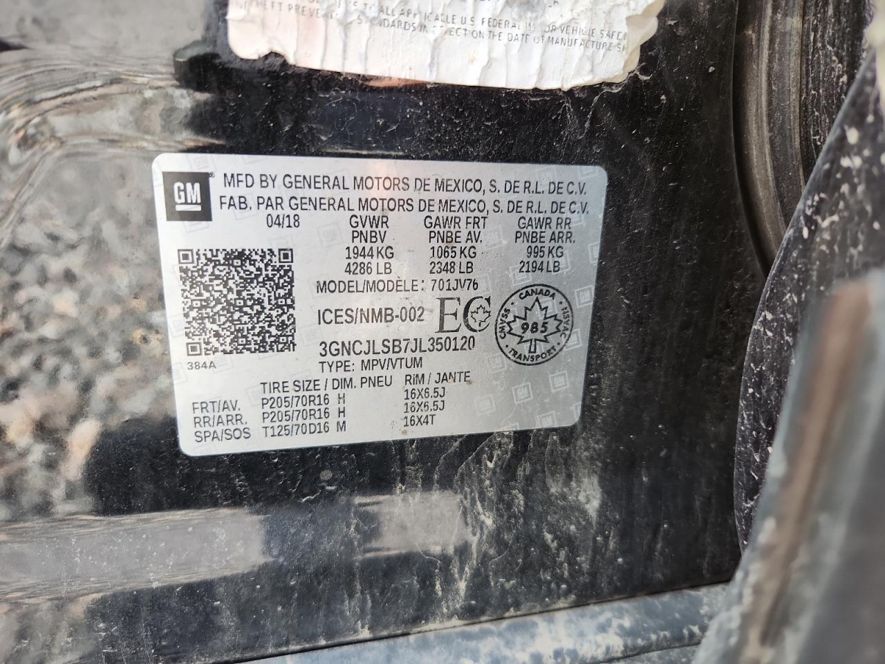 2018 Chevrolet Trax 1Lt VIN: 3GNCJLSB7JL350120 Lot: 87374835