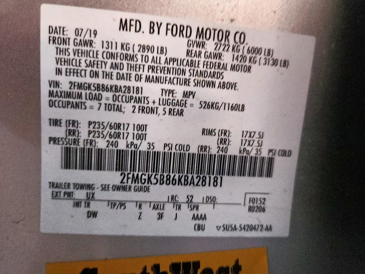 2019 Ford Flex Se VIN: 2FMGK5B86KBA28181 Lot: 82383435