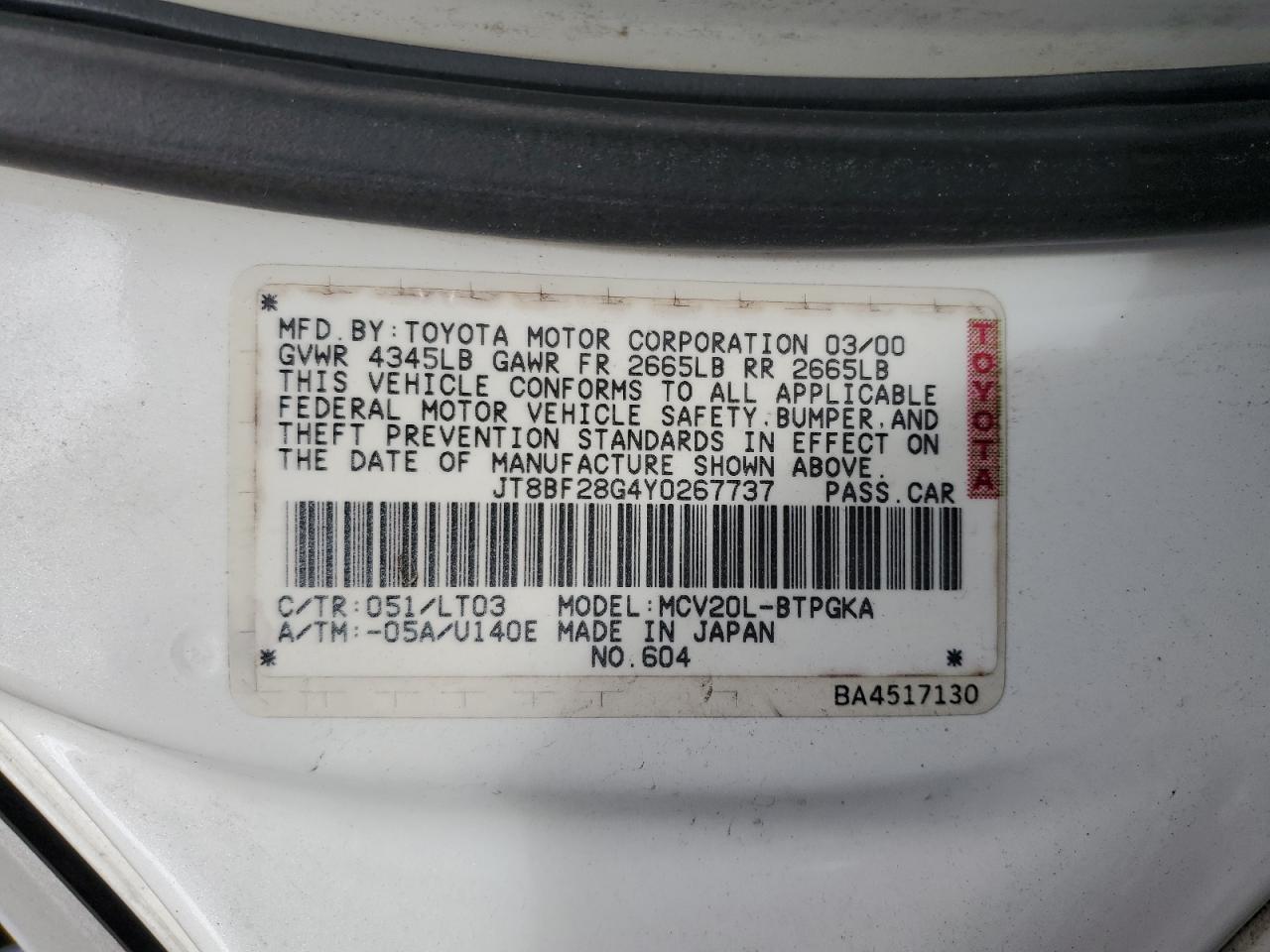 2000 Lexus Es 300 VIN: JT8BF28G4Y0267737 Lot: 85278115