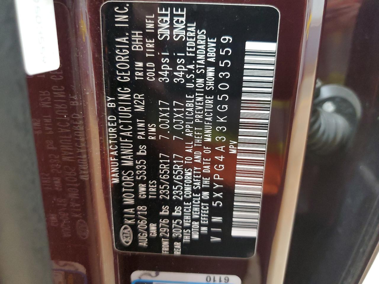 2019 Kia Sorento L VIN: 5XYPG4A33KG503559 Lot: 85567375