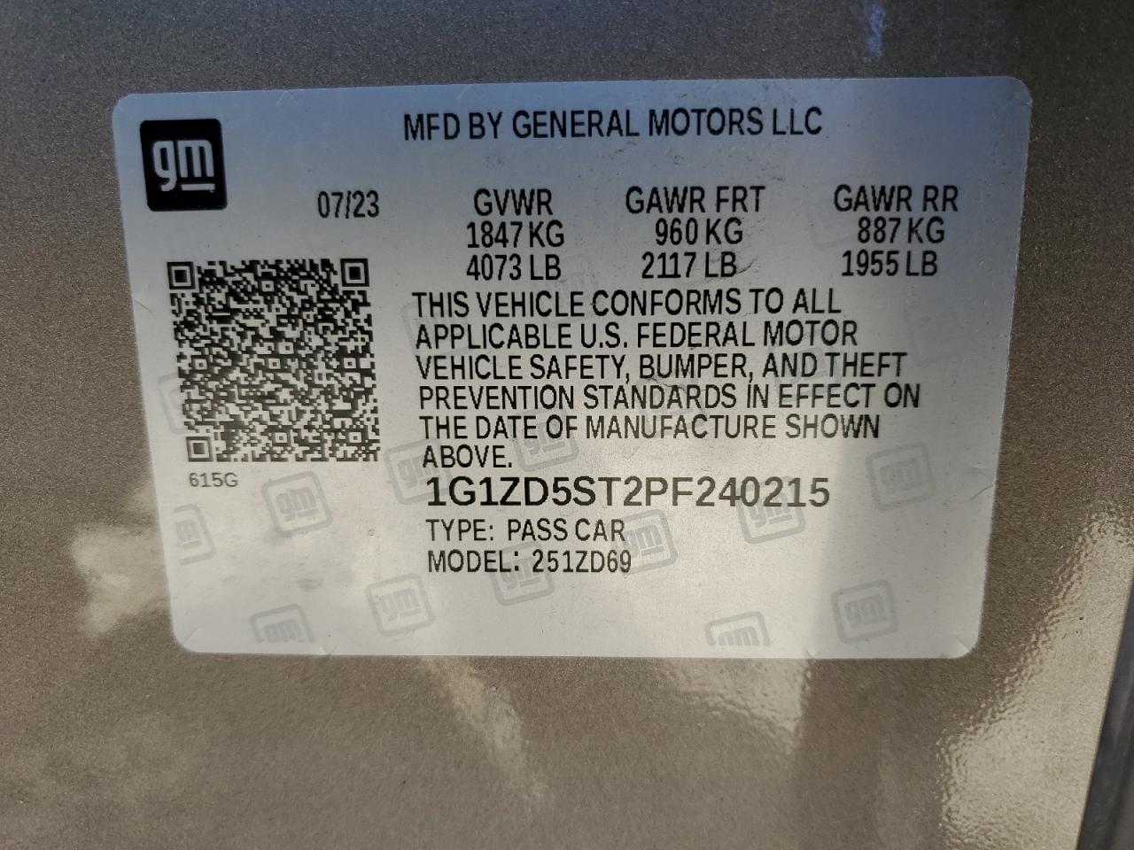 2023 Chevrolet Malibu Lt VIN: 1G1ZD5ST2PF240215 Lot: 85150155