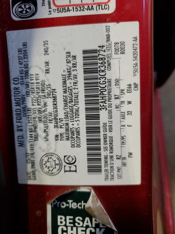 2012 Ford Fusion Sel VIN: 3FAHP0CG3CR368724 Lot: 86473025