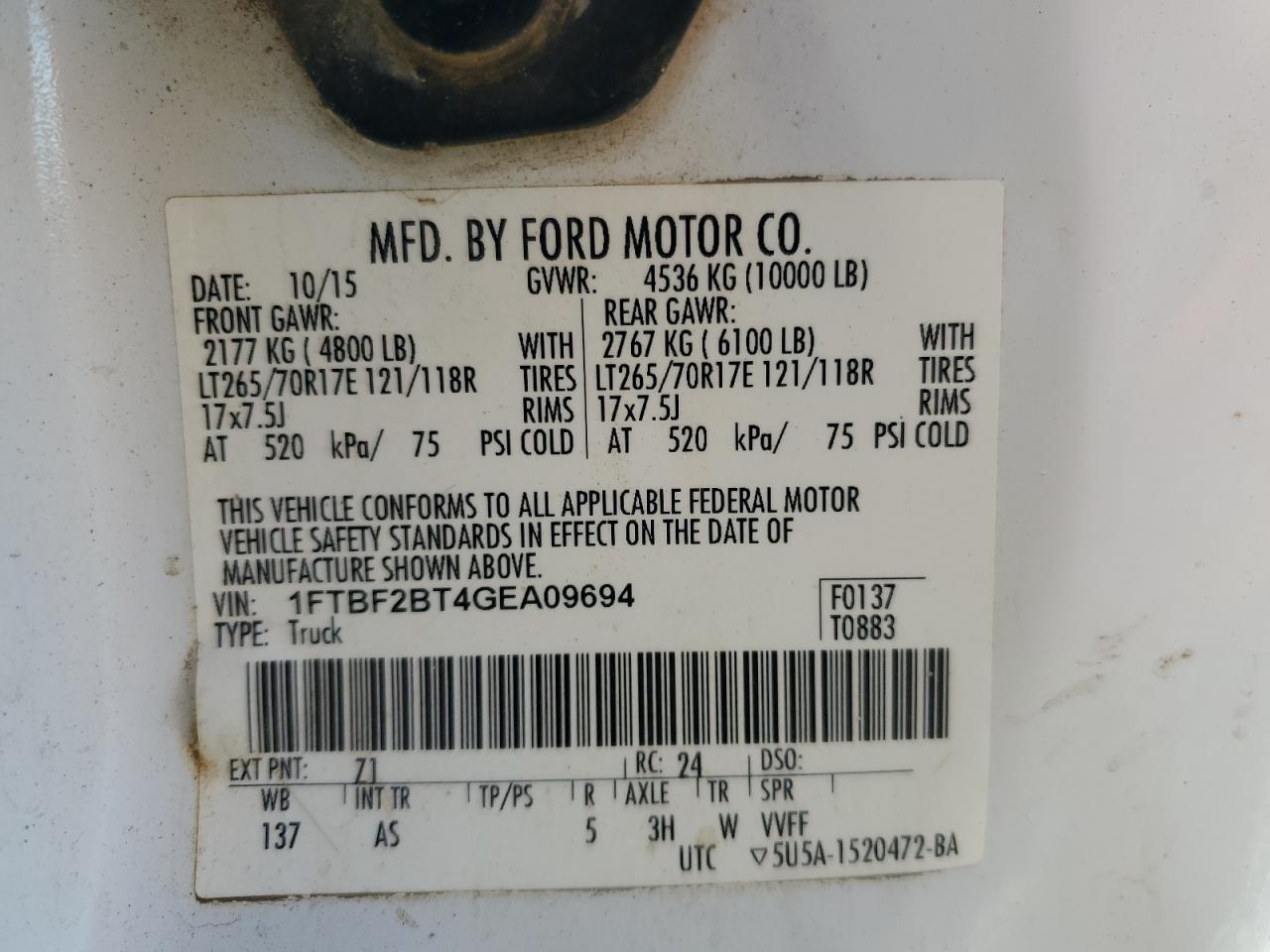 2016 Ford F250 Super Duty VIN: 1FTBF2BT4GEA09694 Lot: 86158805