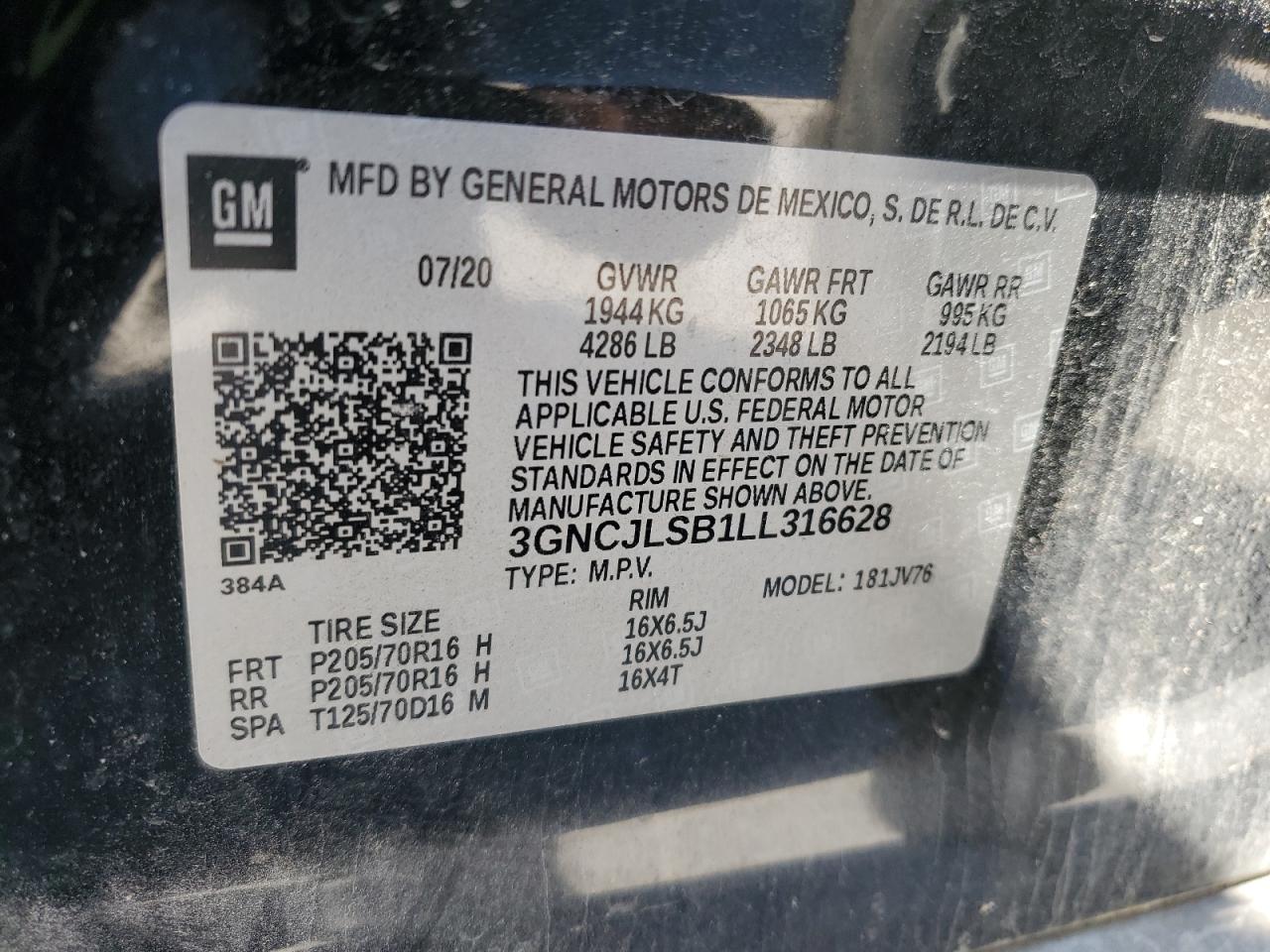 2020 Chevrolet Trax 1Lt VIN: 3GNCJLSB1LL316628 Lot: 90984655