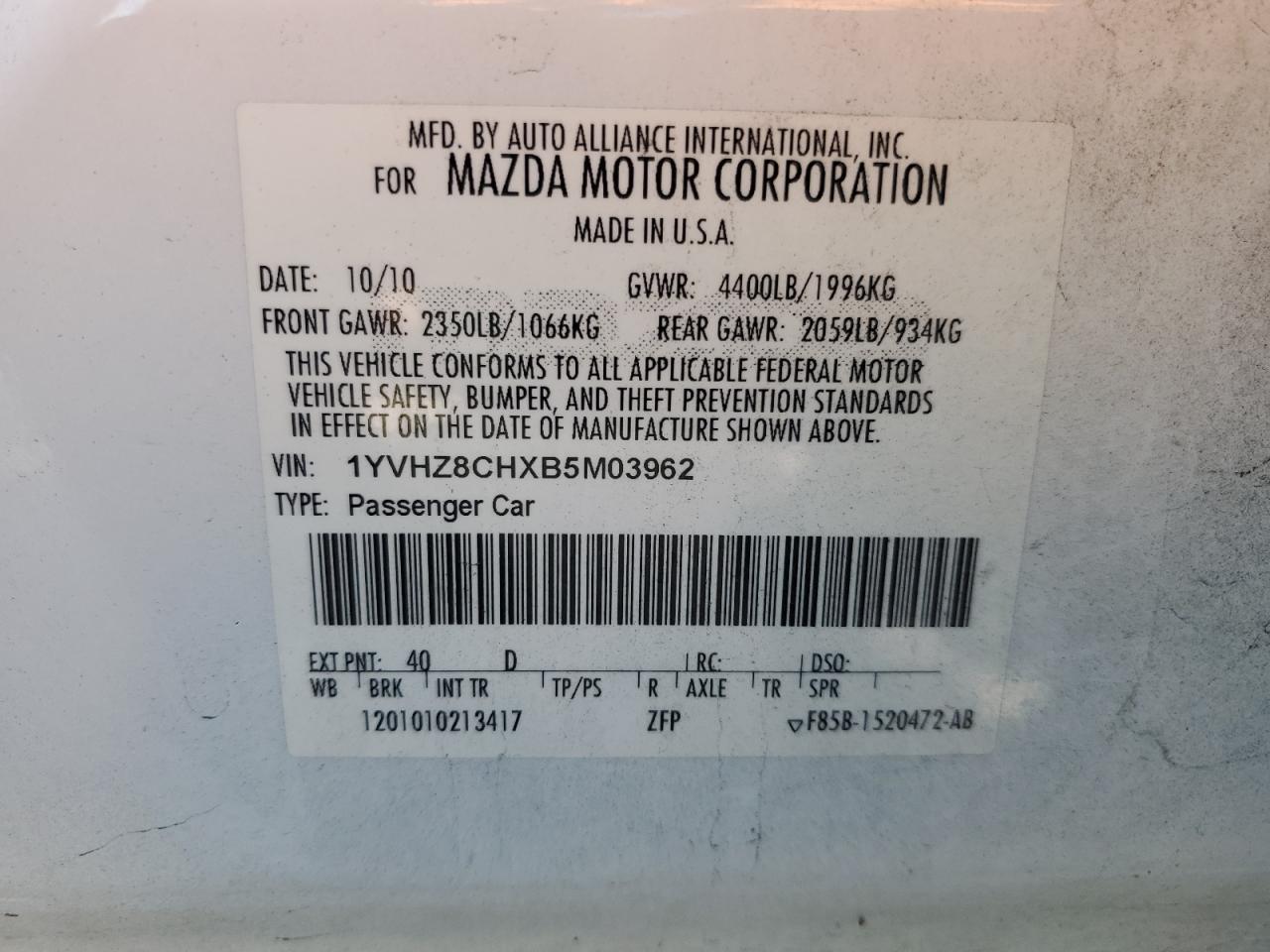 2011 Mazda 6 I VIN: 1YVHZ8CHXB5M03962 Lot: 89513885