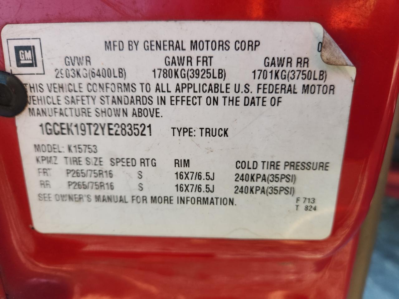 2000 Chevrolet Silverado K1500 VIN: 1GCEK19T2YE283521 Lot: 82638945