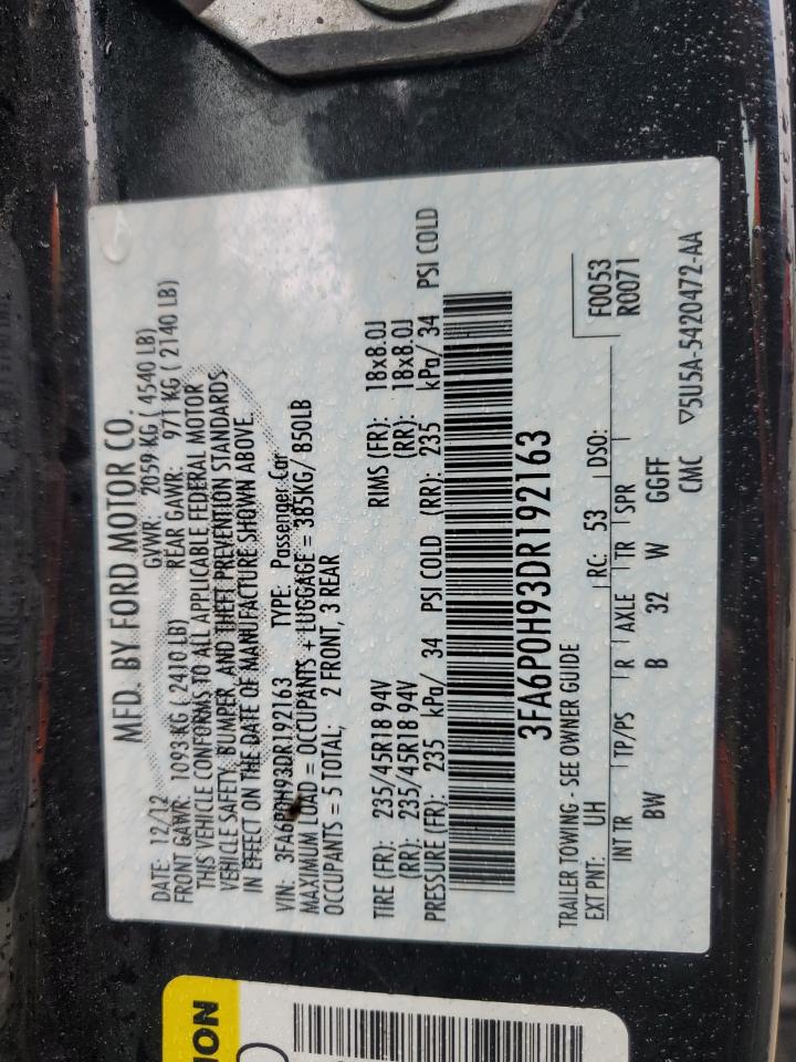 2013 Ford Fusion Se VIN: 3FA6P0H93DR192163 Lot: 90019105