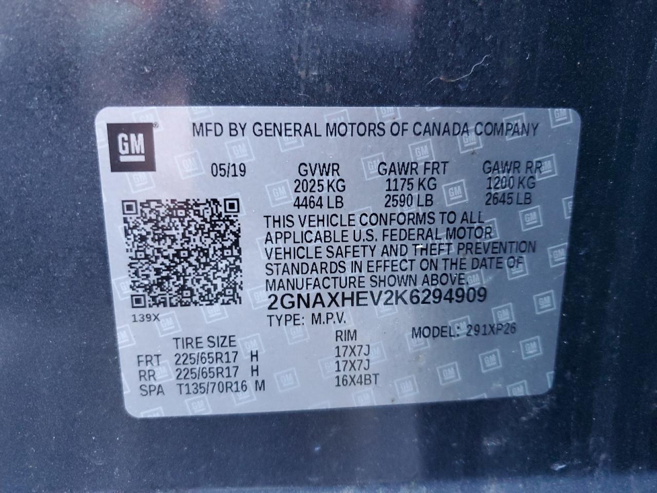 2019 Chevrolet Equinox Ls VIN: 2GNAXHEV2K6294909 Lot: 84744085