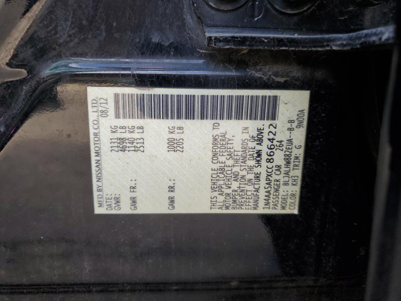 2012 Nissan Maxima S VIN: 1N4AA5APXCC866422 Lot: 85945235