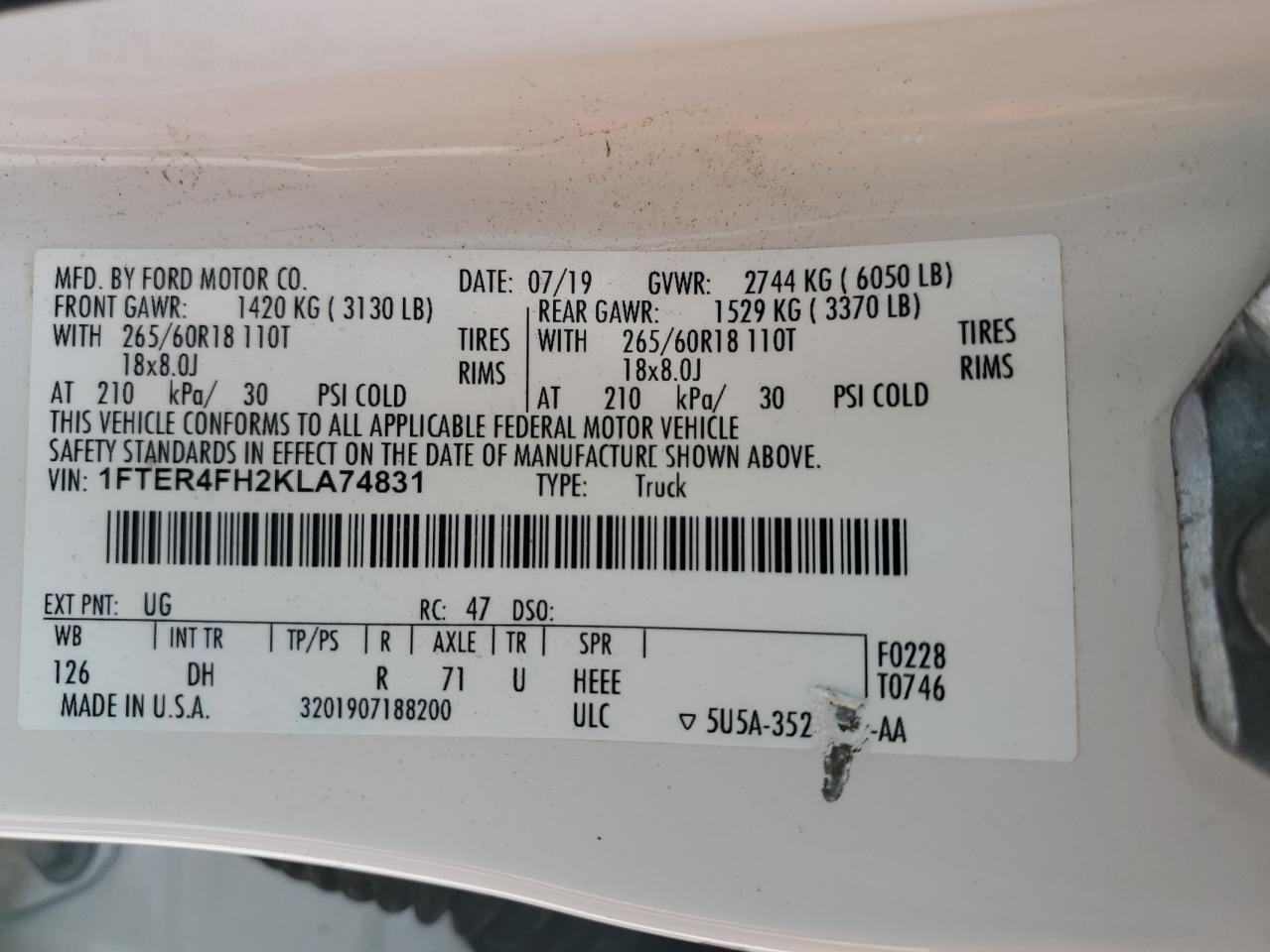 2019 Ford Ranger Xl VIN: 1FTER4FH2KLA74831 Lot: 82236005