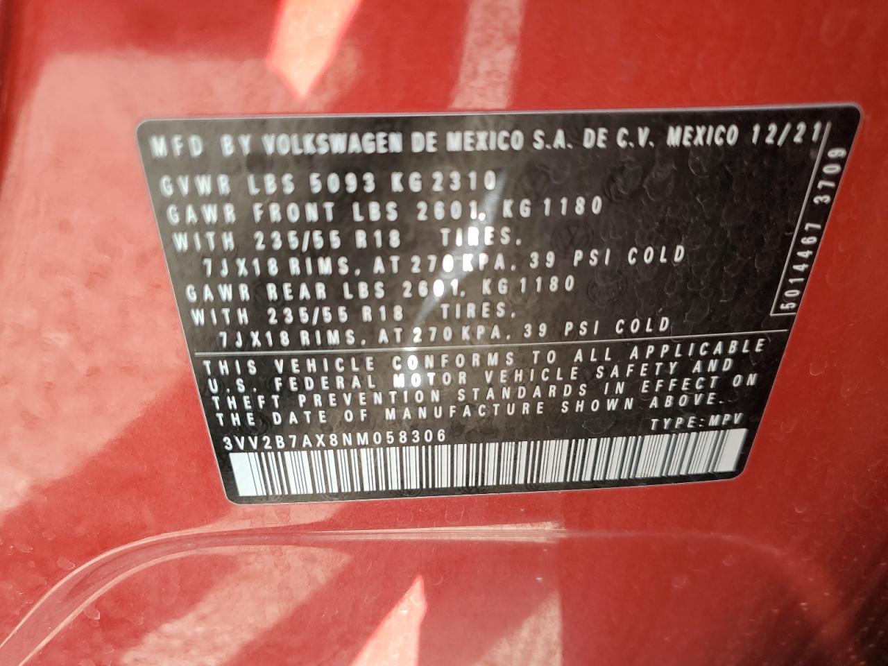 2022 Volkswagen Tiguan Se VIN: 3VV2B7AX8NM058306 Lot: 81897595