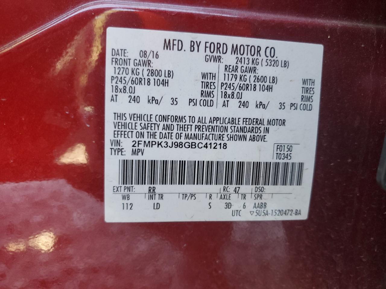 2016 Ford Edge Sel VIN: 2FMPK3J98GBC41218 Lot: 89873815