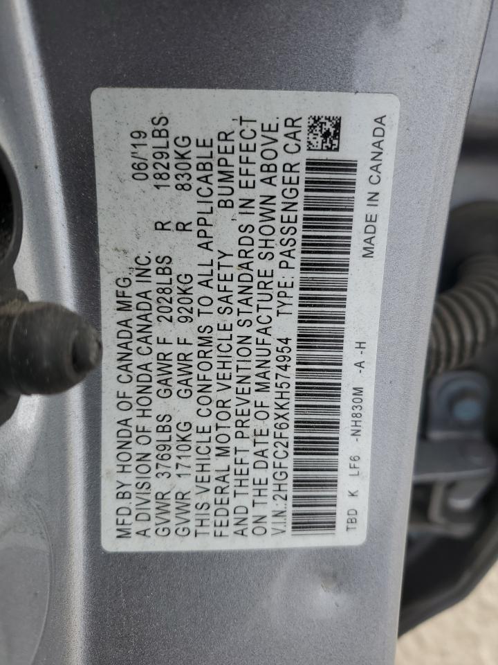 2019 Honda Civic Lx VIN: 2HGFC2F6XKH574954 Lot: 82390465