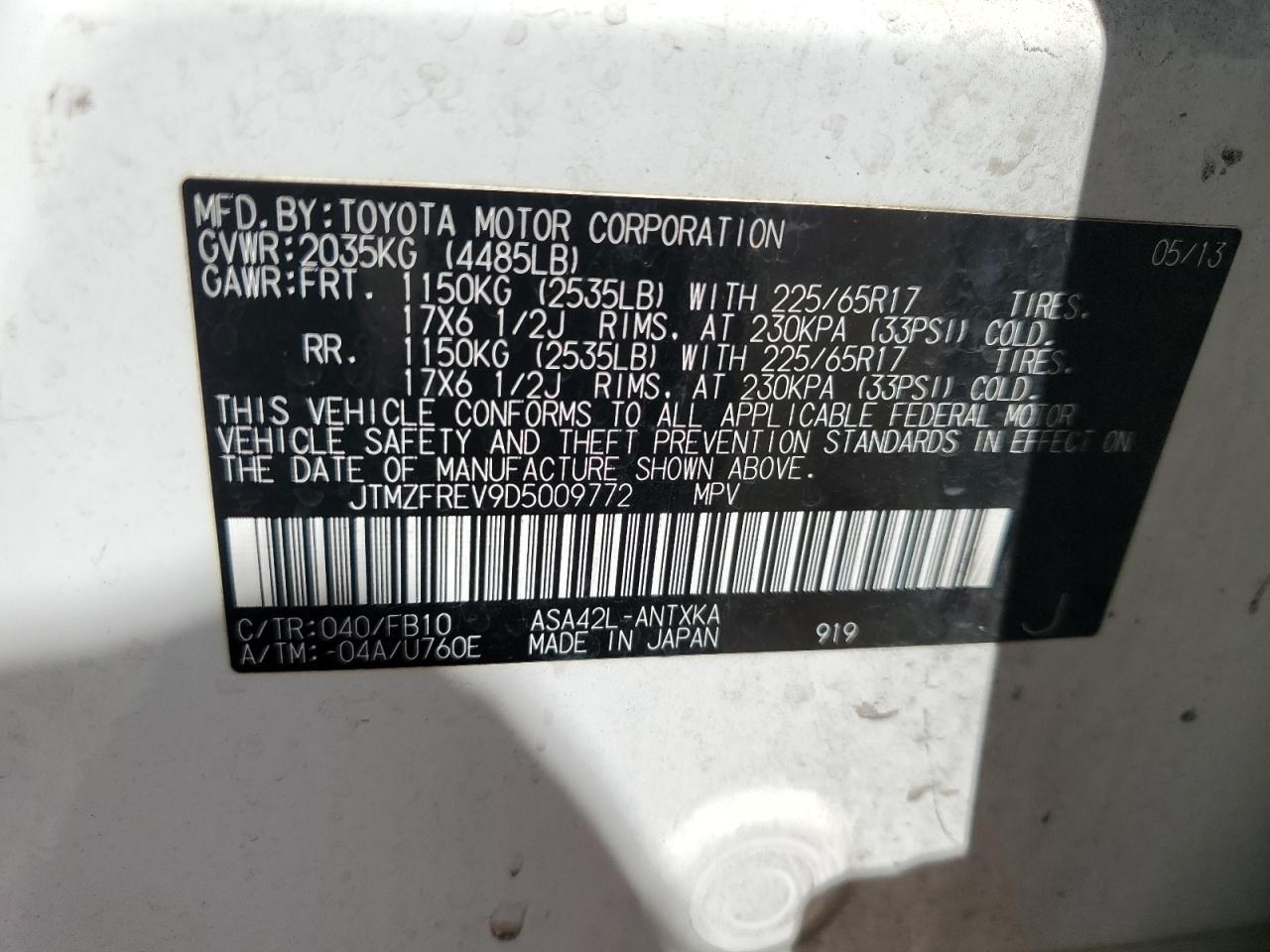 2013 Toyota Rav4 Le VIN: JTMZFREV9D5009772 Lot: 84640215