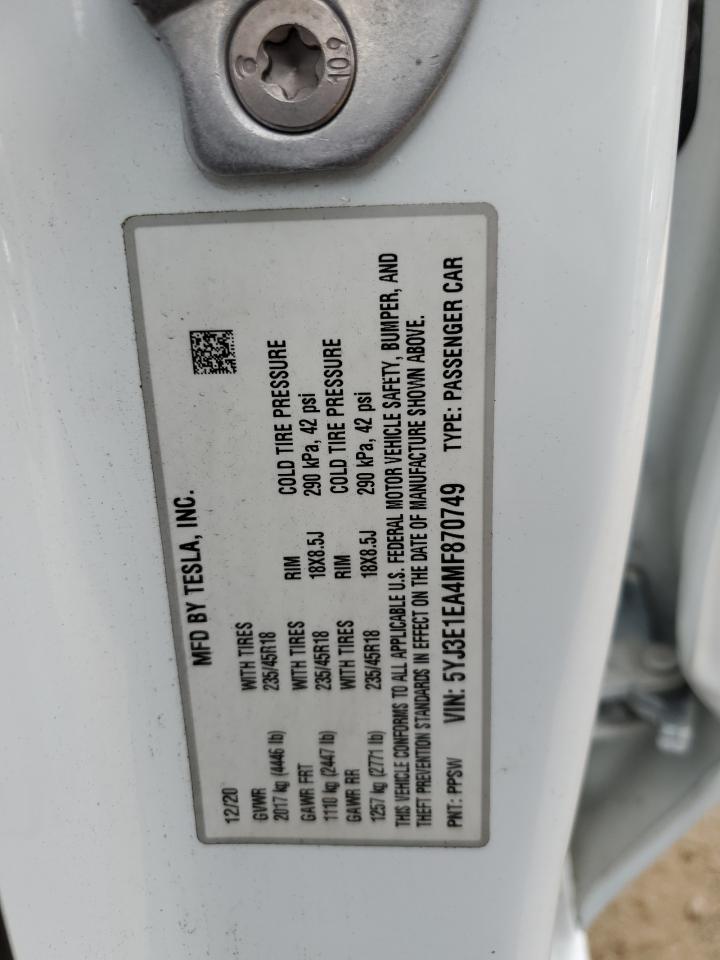 2021 Tesla Model 3 VIN: 5YJ3E1EA4MF870749 Lot: 85520465