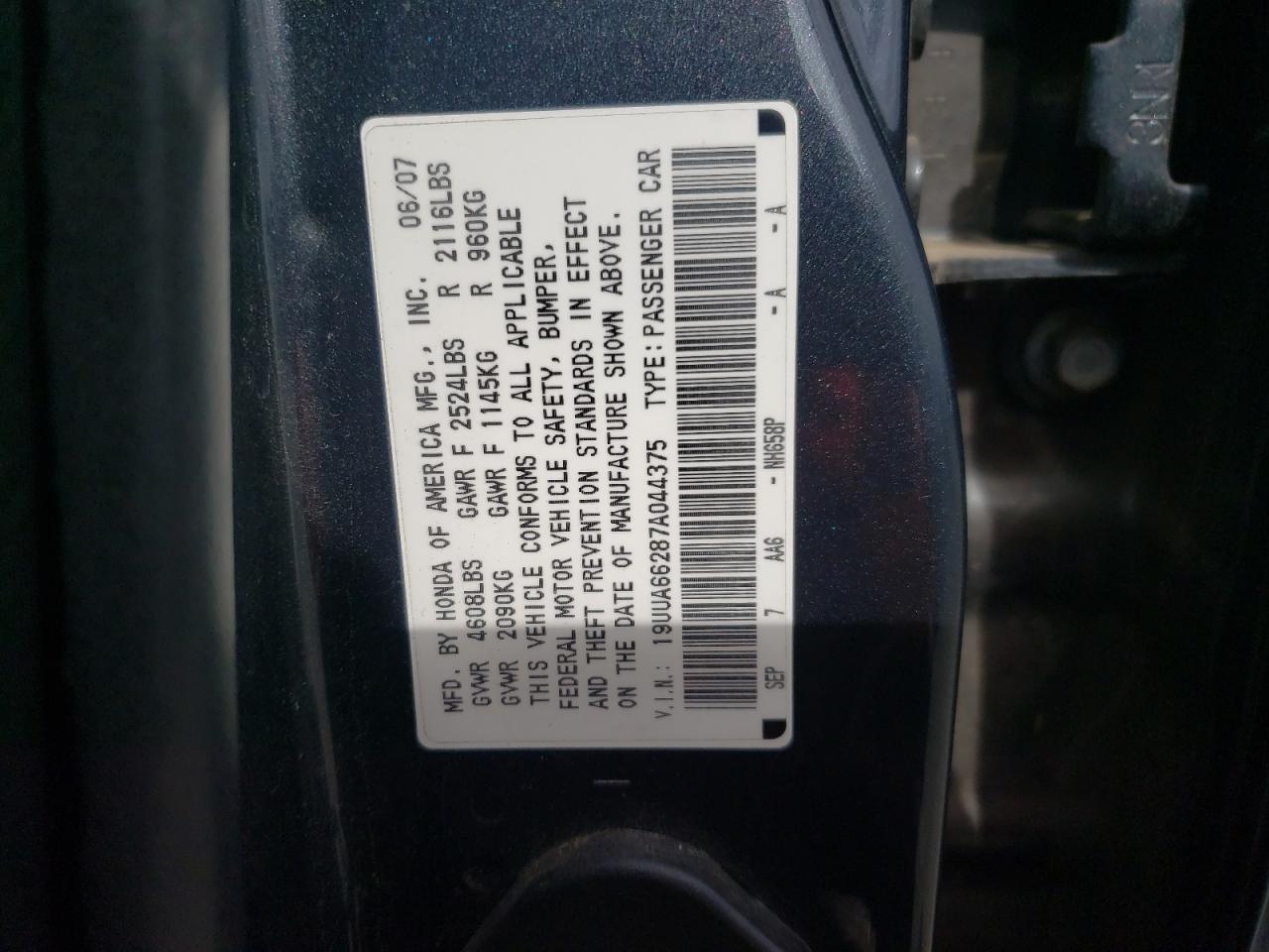 2007 Acura Tl VIN: 19UUA66287A044375 Lot: 86094925