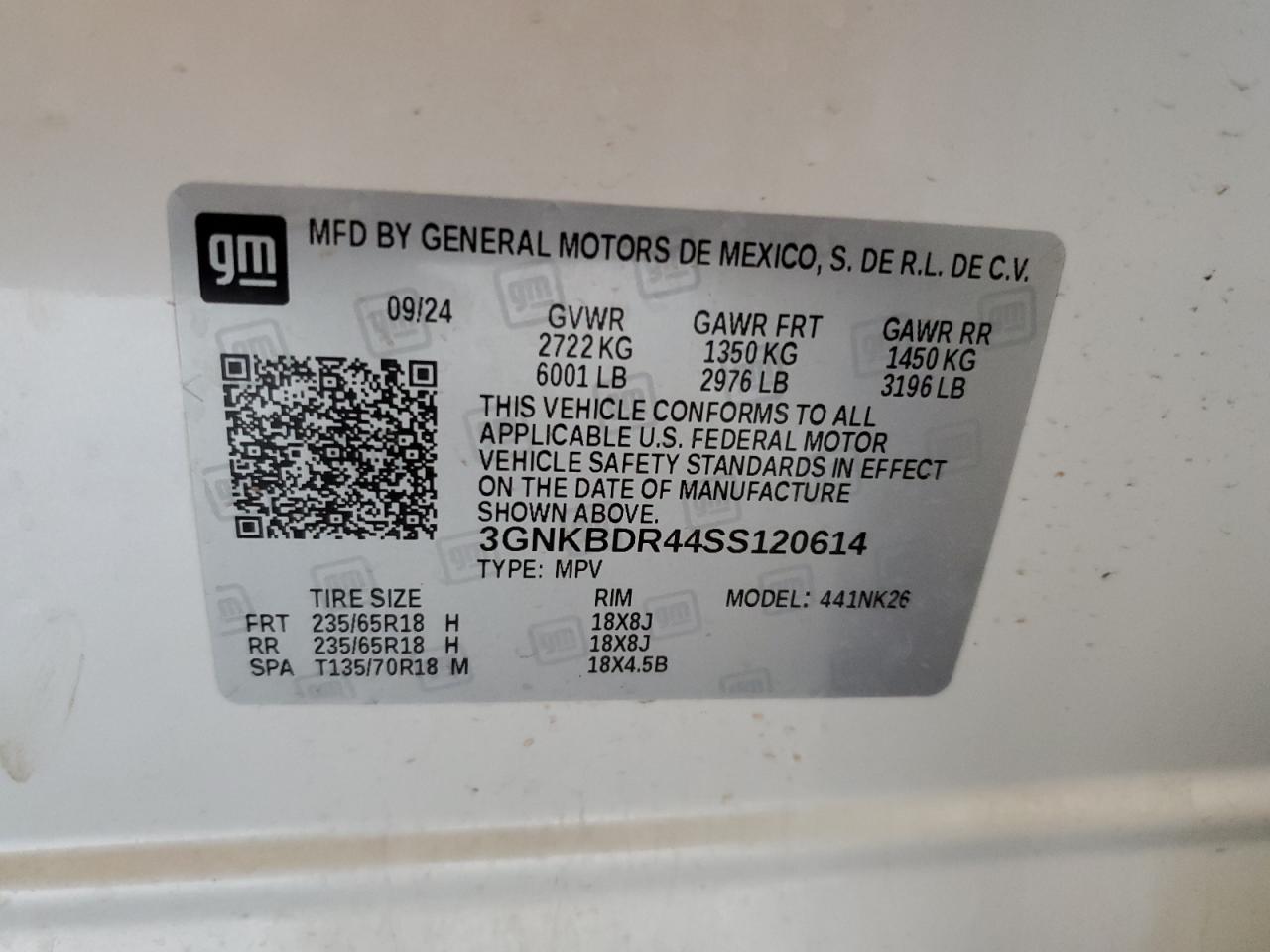 2025 Chevrolet Blazer 3Lt VIN: 3GNKBDR44SS120614 Lot: 85142755