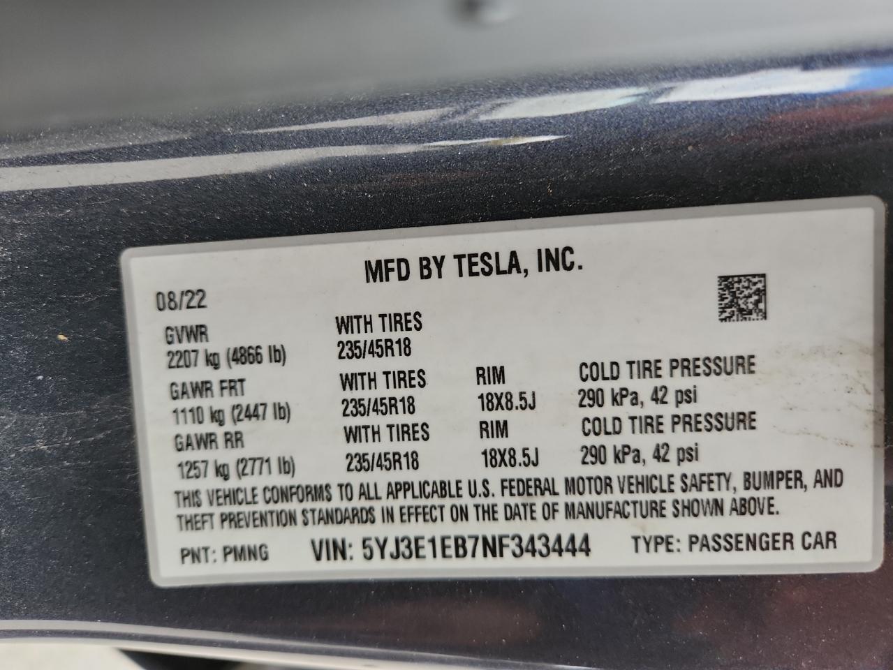 2022 Tesla Model 3 VIN: 5YJ3E1EB7NF343444 Lot: 86157555