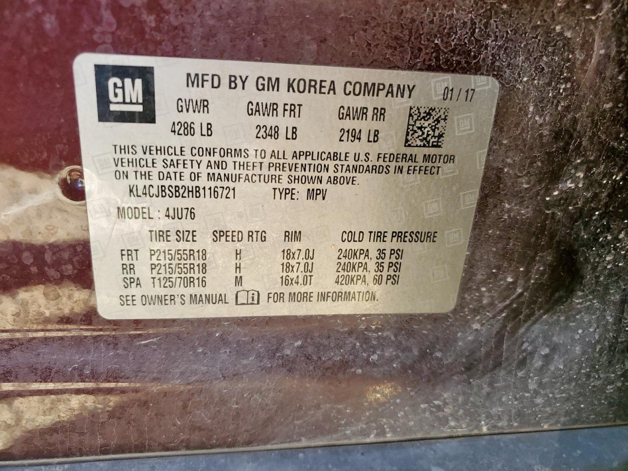 2017 Buick Encore Preferred Ii VIN: KL4CJBSB2HB116721 Lot: 90919915