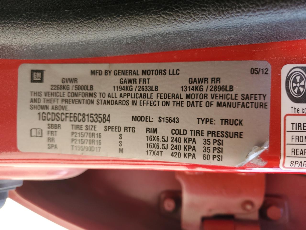 2012 Chevrolet Colorado Lt VIN: 1GCDSCFE6C8153584 Lot: 84897845