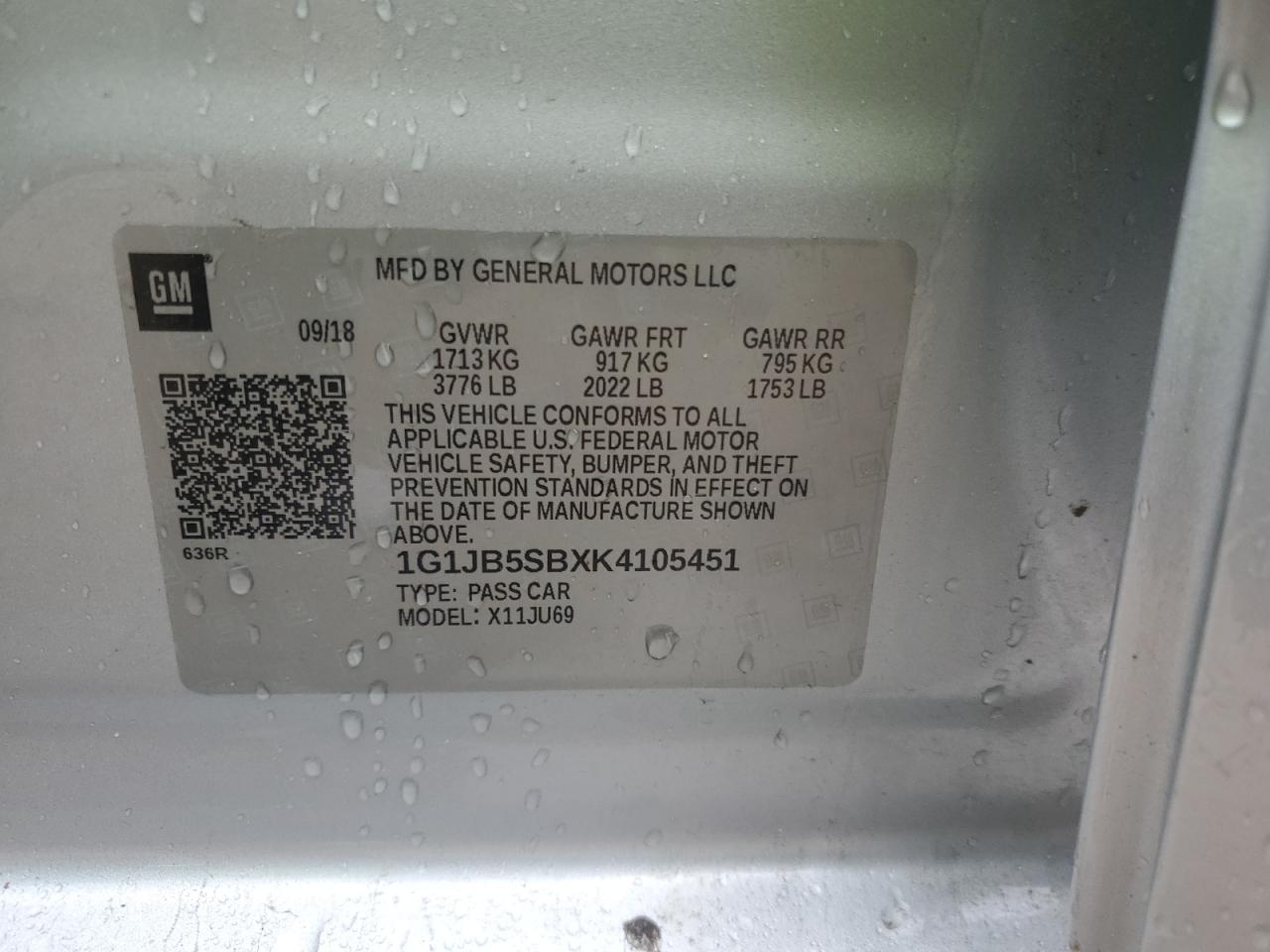 2019 Chevrolet Sonic Ls VIN: 1G1JB5SBXK4105451 Lot: 90468875