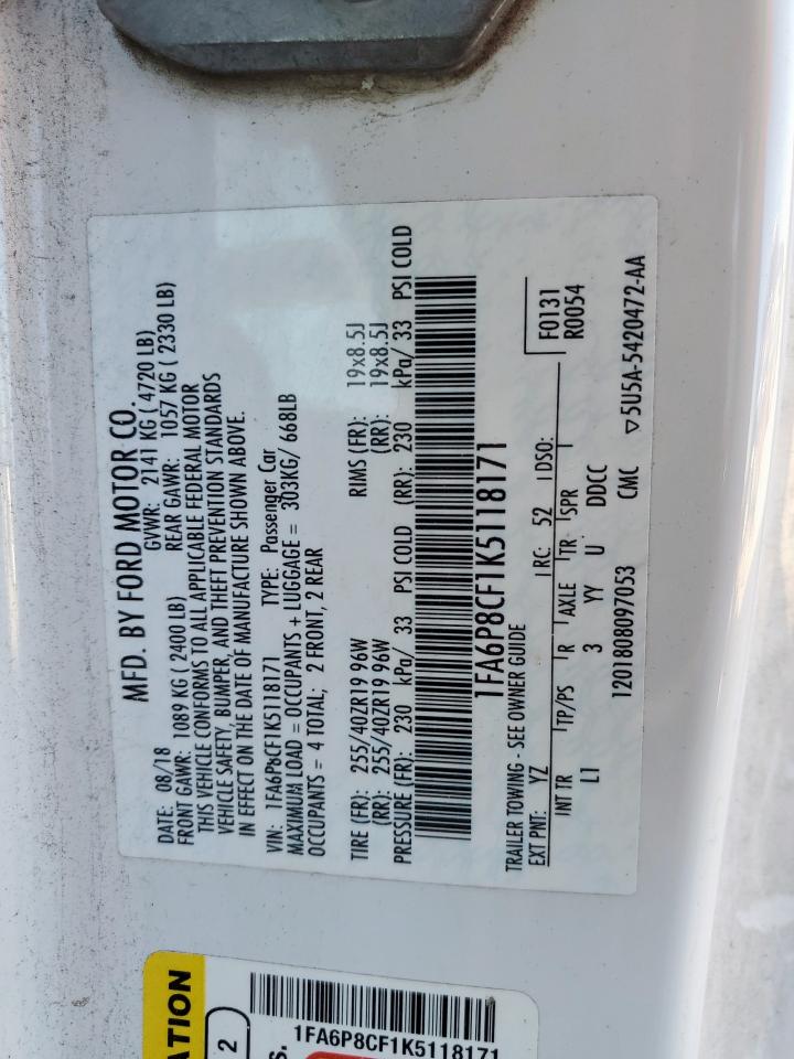 2019 Ford Mustang Gt VIN: 1FA6P8CF1K5118171 Lot: 85841065