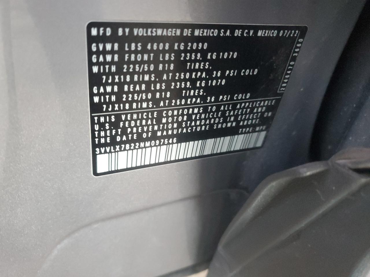 2022 Volkswagen Taos Se Iq Drive VIN: 3VVLX7B22NM097546 Lot: 85861625