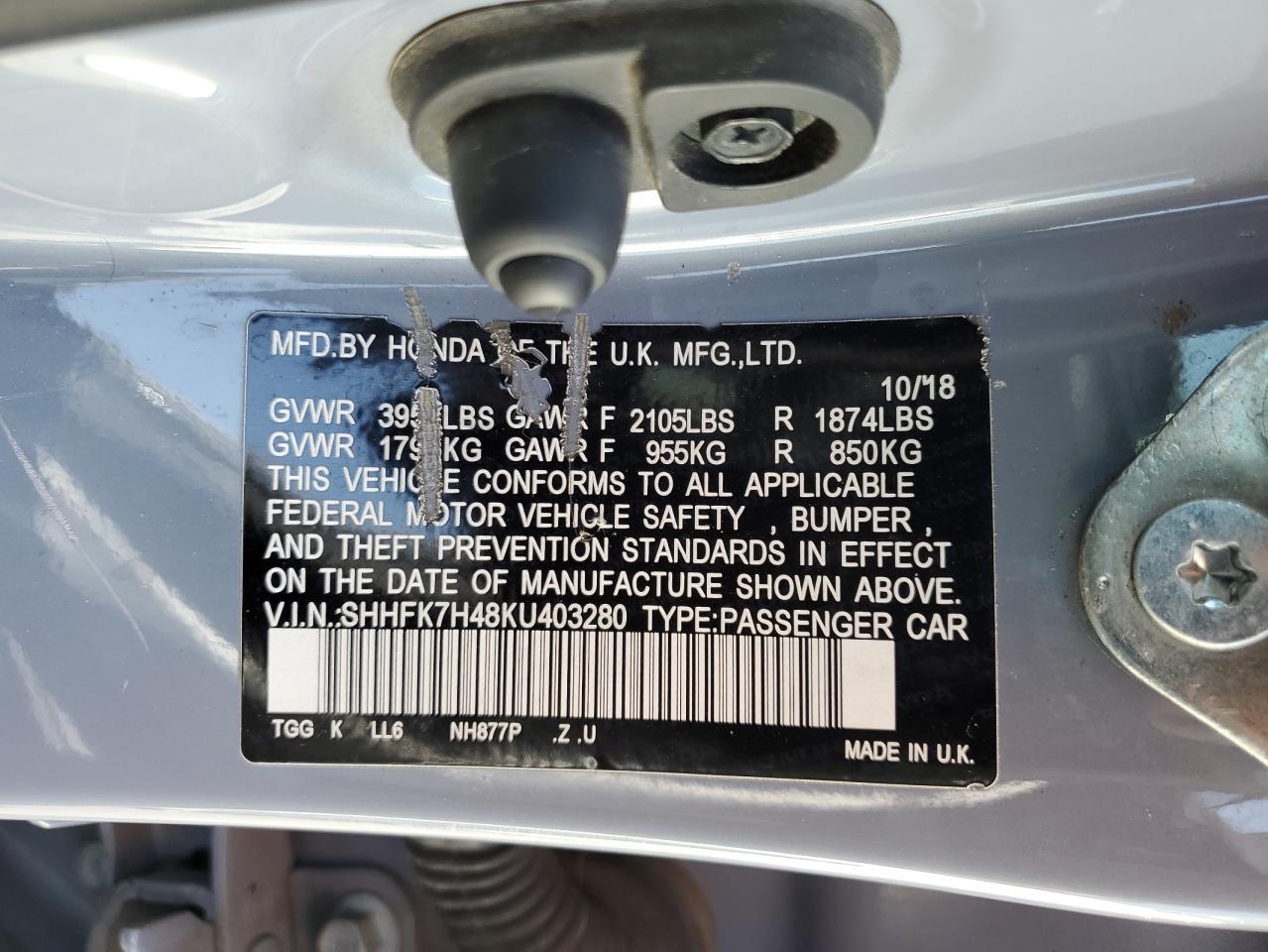 2019 Honda Civic Sport VIN: SHHFK7H48KU403280 Lot: 82005315